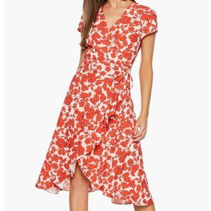 Bardot Fiesta Faux Wrap Dress Midi Short Sleeve Red and White Floral Size 8 M